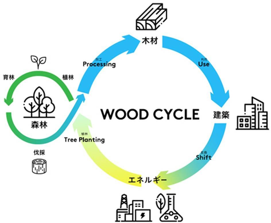 木材 Use Processing 育林 植林 建築 WOOD CYCLE 森林 Tree Planting 伐採 shift エネルギー 商願2025-144140の商標見本